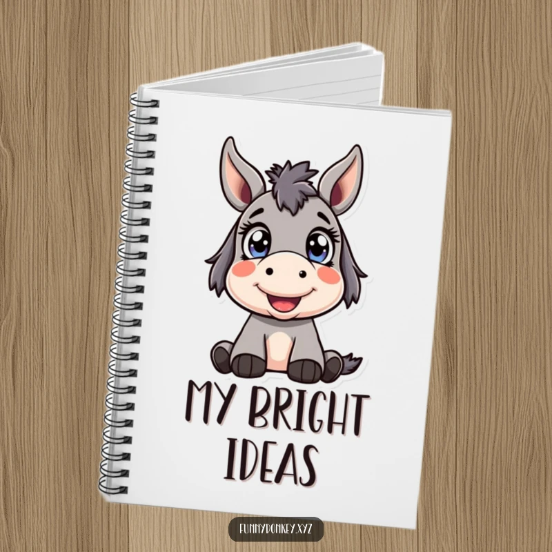 Funny Kawaii Donkey Notebook with a cute donkey character with bright, wide eyes looking up happily, perfect for humorous journaling.