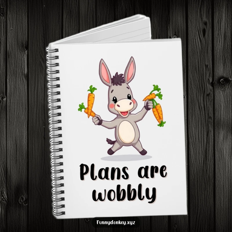 Funny notebook cover featuring a donkey charmingly attempting to juggle a bundle of vibrant carrots.