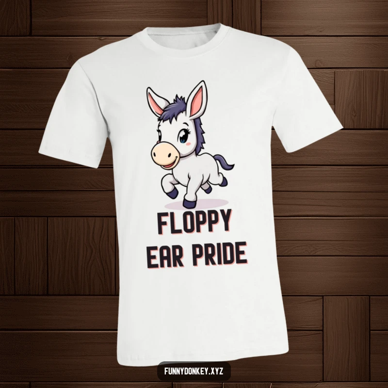 Funny Kawaii Donkey T-Shirt showing a cute donkey with large floppy ears, prancing with pure delight.