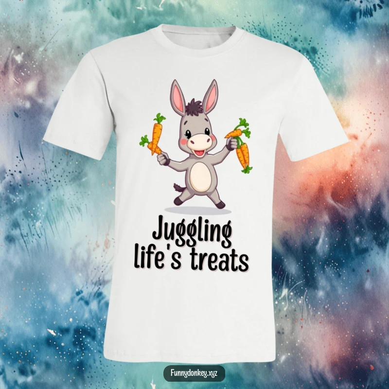Funny t-shirt depicting a donkey with a comical, clumsy attempt at juggling a bundle of vibrant carrots.
