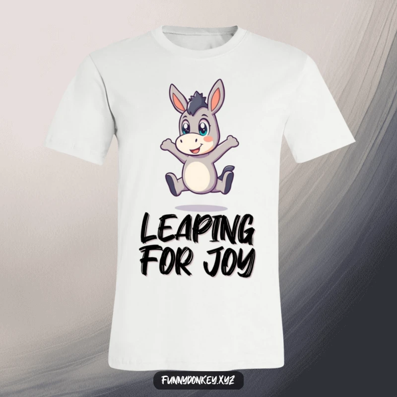 Funny Kawaii Donkey T-Shirt, a donkey doing a playful leap with wide, surprised eyes, full of fun.