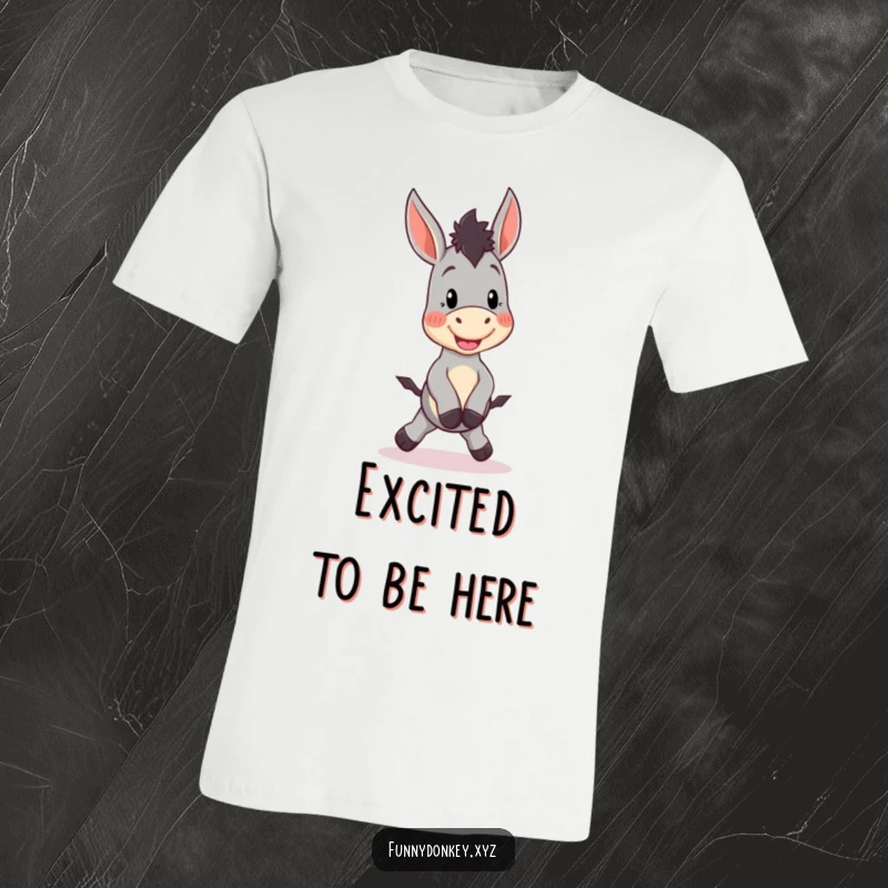 Funny Kawaii Donkey T-Shirt showing a cute donkey character doing a silly little hop, radiating infectious excitement and playful energy.