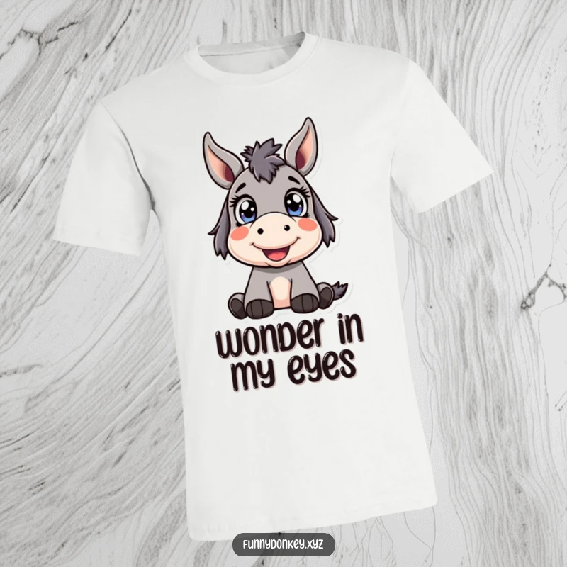 Funny Kawaii Donkey T-Shirt showing a cute donkey character with bright, wide eyes looking up happily, expressing pure joy and innocence.