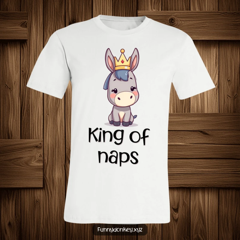 Funny kawaii donkey t-shirt showing a cheerful donkey character wearing a small abstract crown, looking hilariously regal and sweet.