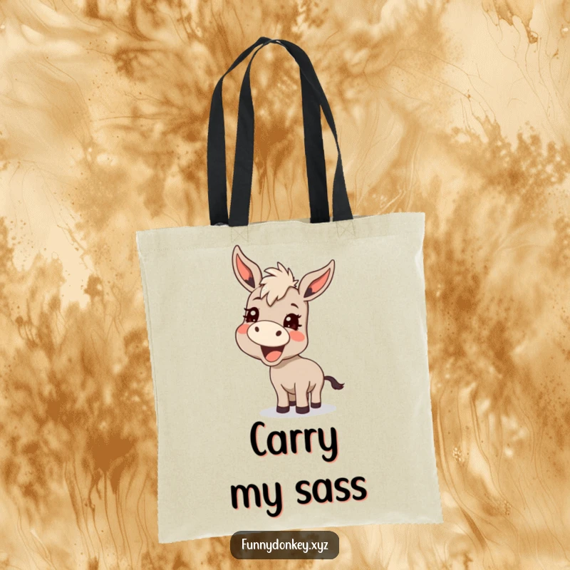 Funny Kawaii Donkey Tote Bag, with a donkey braying and a mischievous grin, ideal for grocery shopping humor.