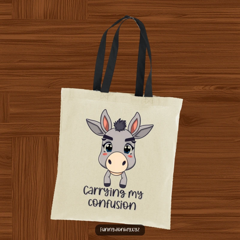 Funny tote bag featuring a donkey with exaggerated, comical eyebrows, looking playfully bewildered and slightly confused.