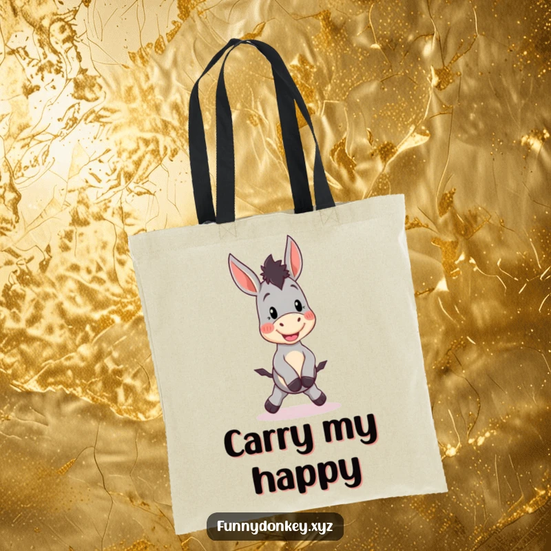 Funny Kawaii Donkey Tote Bag showing a cute donkey character doing a silly little hop, perfect for carrying joy and humor.