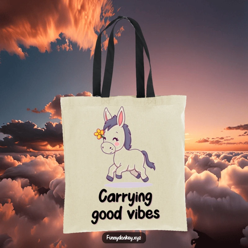Funny Kawaii Donkey Tote Bag, featuring a donkey happily trotting with a flower in its mane, stylish and cheerful.